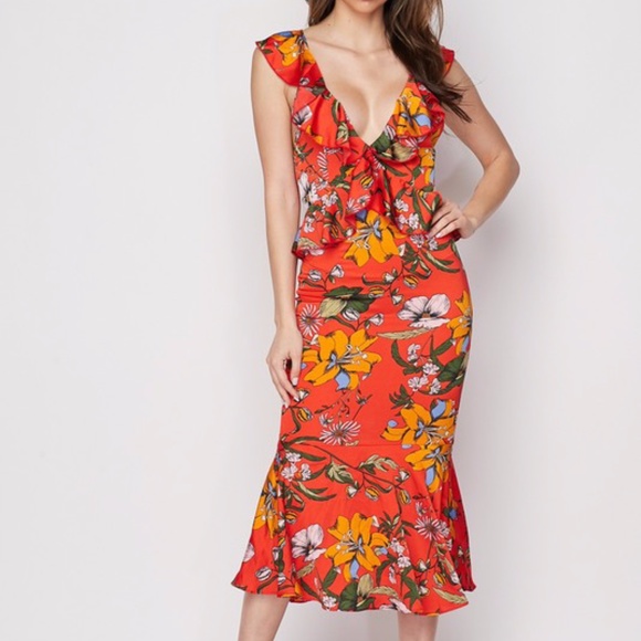 🐦‍🔥Floral 🐦‍🔥 Ruffled Mermaid Midi Dress - Red (B) - Picture 2 of 6